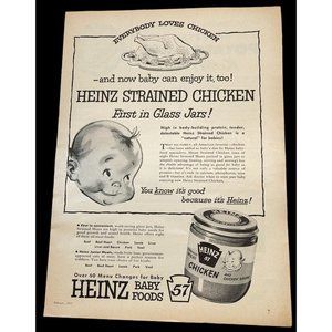 Heinz 57 Baby Food Vintage Print Ad 1955 Strained Chicken Kitchen Decor